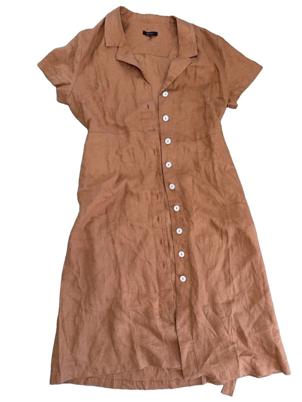 Quince Linen Brown Shirt Dress Collared Button Front Short Sleeve Knee L